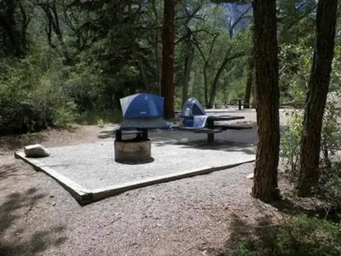 Campsite in trees with tents, fire pit and picnic table