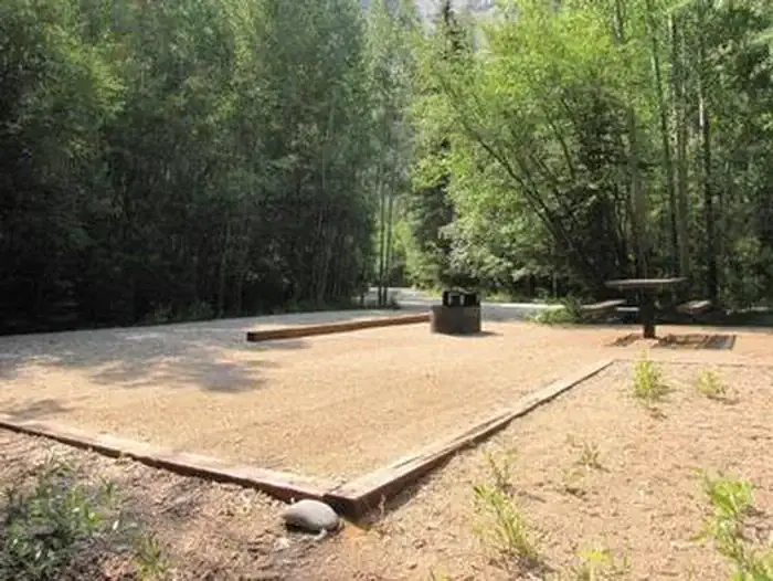 Campsite, fire pit, picnic table, green foliage