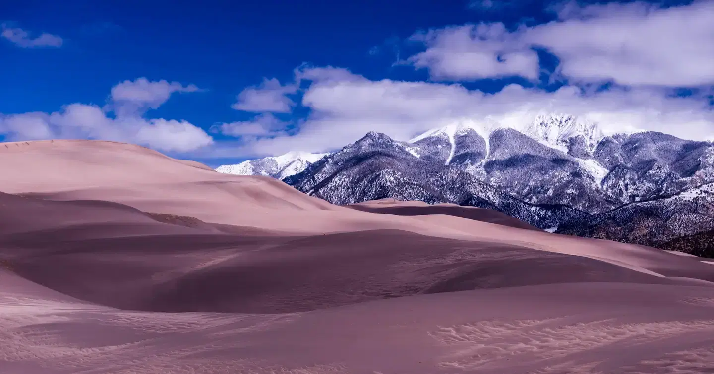 Rolling sand dunes with snowy mountains in the background.