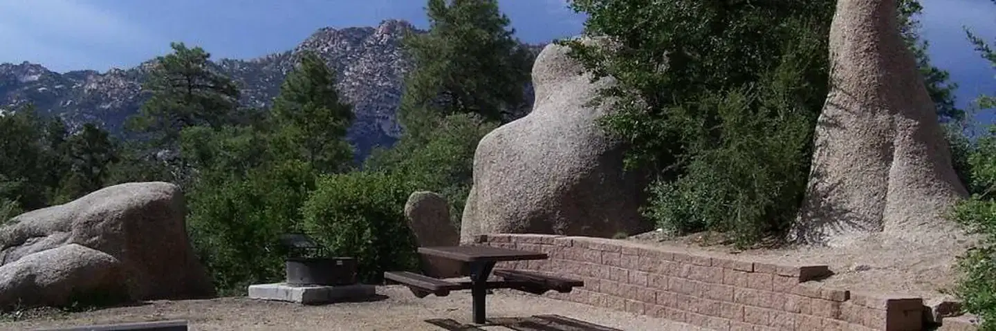 YAVAPAI CAMPGROUND Site 18 with Granite Mountain view and rock pillars