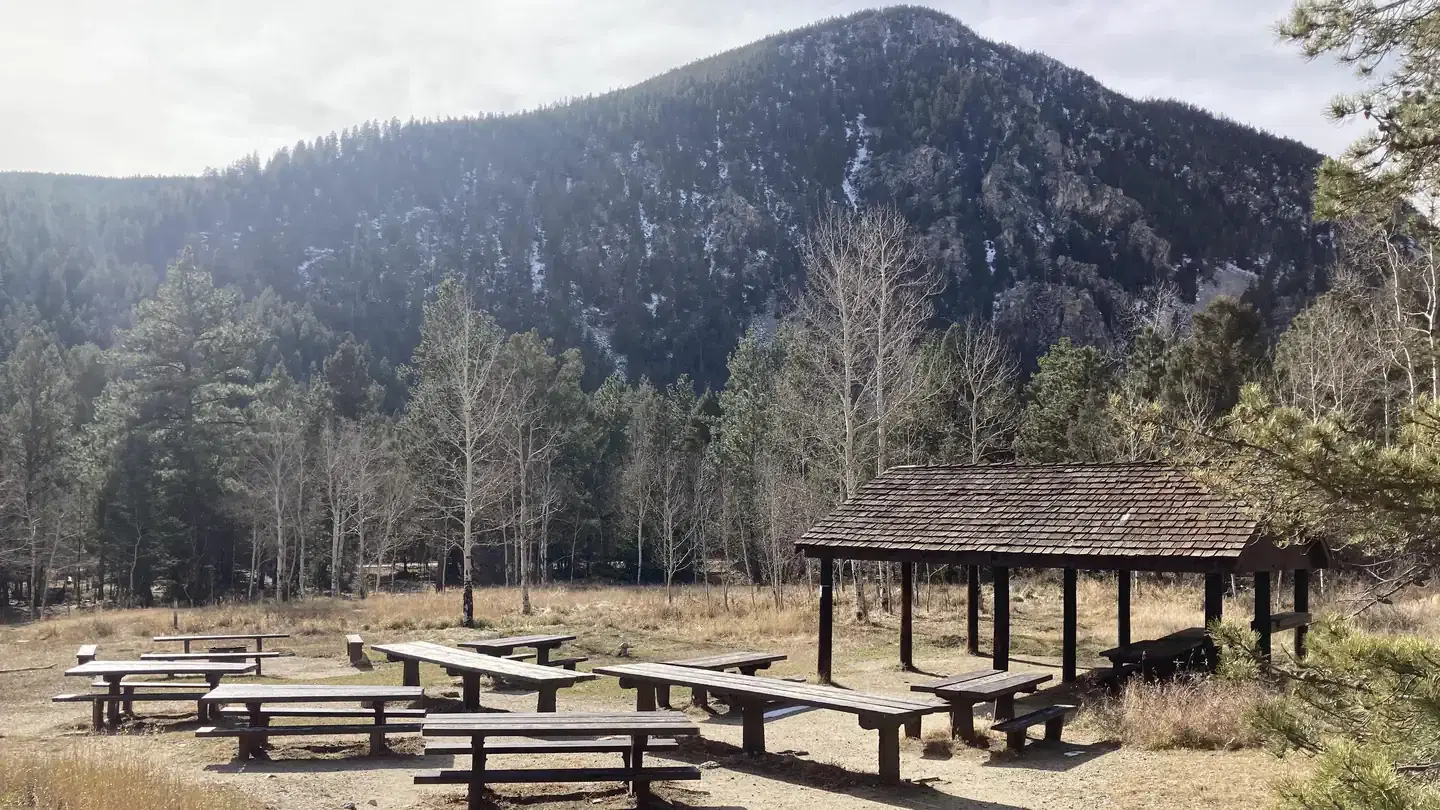 Picnic area with pavilion, wooden picnic tables with mountains and trees in the background